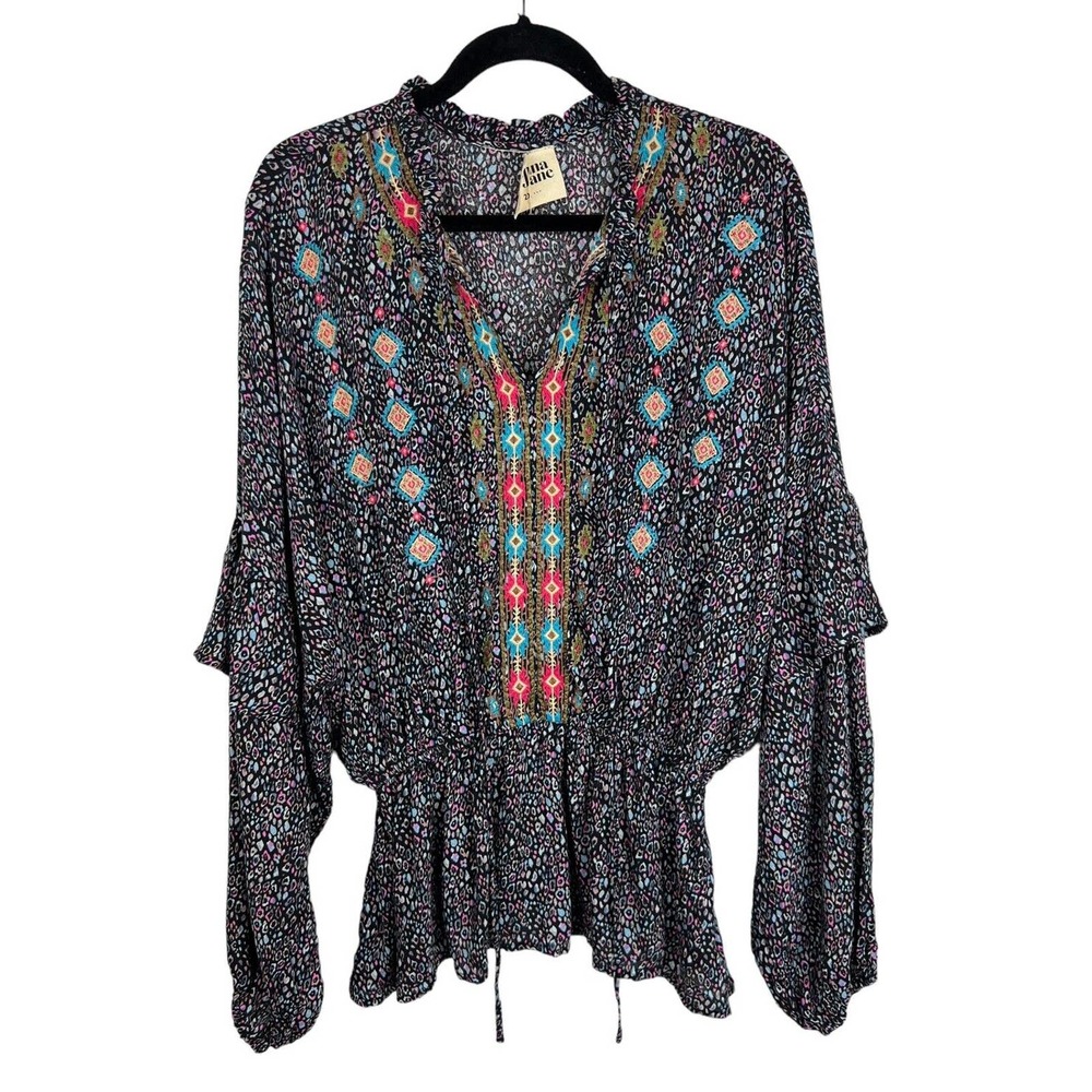 Savanna Jane Embroidered Leopard Print Top 2X Long Sleeve Blouson Boho Flutter